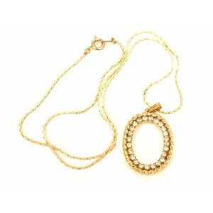 Vintage Gold Plated Clear Rhinestone Oval Pendant & Chain Necklace